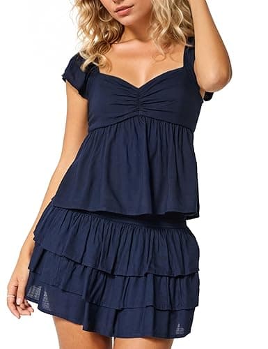 HOCANDY Womens Flowy Peplum Tank Tops Ruffle Sleeve Babydoll Tank Top Sweetheart Neck Smocked Back Short Sleeve Going Out Top thumbnail 5