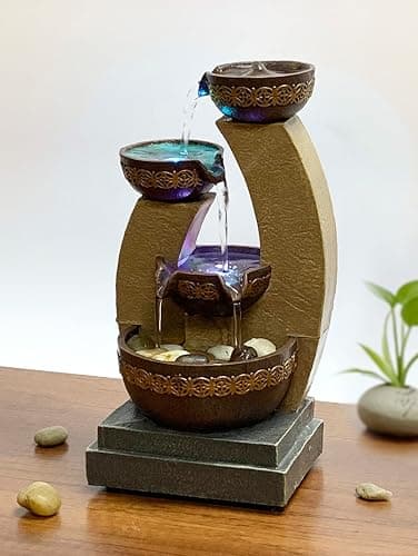 11" H Golden Tiered Bowl Fountain with Color Changing LED Lights with Adapter Brown thumbnail 2