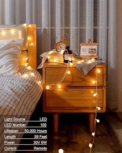 Globe String Lights, 59 Ft 100 LED Christmas Lights with Remote Timer, Connectable Plug in Twinkle Lights for Bedroom Wedding Classroom Indoor Outdoor Decor, Warm White thumbnail 2