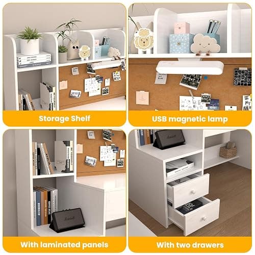 NKUGCFC 43 inch Kids Study Desk and Chair Set with Storage Hutch and LED Light, White Girls Desk with 4 Drawers for Child's Bedroom, Ideal for Homework for Ages 8-12 thumbnail 6
