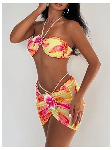 SOLY HUX Women's 3 Piece Swimsuit Floral Halter Bikini Set Beach Vacation Bathing Suit with Drawstring Cover Up Skirt thumbnail 4