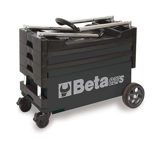 Beta C27S Gray Collapsible Rolling Tool Cart | 200 Pound Load Capacity | Heavy-Duty Mobile Metal Tool Trolley | 4” Steering Wheels with Brakes | Thermoplastic Worktop | Keyed Lock thumbnail 4