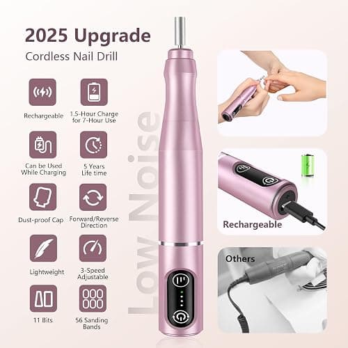 TUOBEO Cordless Nail Drill Electric Rechargeable File Kit, Professional Efile Acrylic Gel Nail Polish Remover Pedicure Manicure Machine Portable Set with 11 Bits 56 Sanding Bands (Pink) thumbnail 4