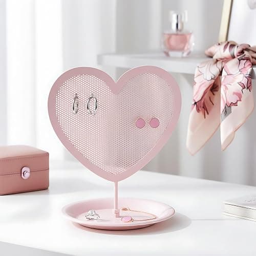 Parlor Boudoir Heart Shaped Jewelry Organizer Stand Pink Metal Earring Holder for Girls with Tray Storage for Rings & Bracelets Cute Vanity Jewelry Display and Room Decor Aesthetic for Teen Girls thumbnail 4