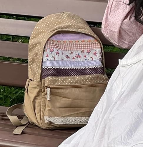 Wayolyn Floral Print Backpack Kawaii Polka Dot Print Shoulder Bag Cutecore Lace Canvas Backpack Vintage Shoujo Casual Bags (Brown) thumbnail 3