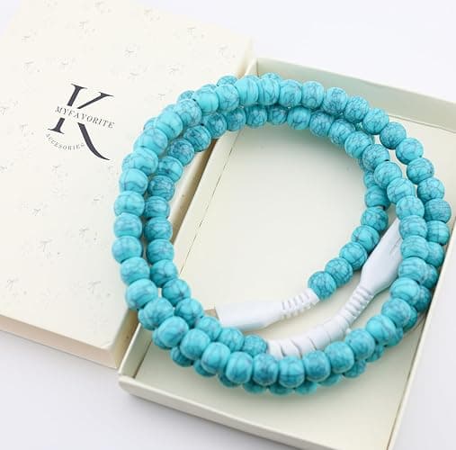 Stylish [Apple MFi Certified] Beaded Phone Charger Cable Metallic Colors USB Cable 2 in1 USB-C Charging Cord for Smartphones 3.3ft (Turquoise) thumbnail 6