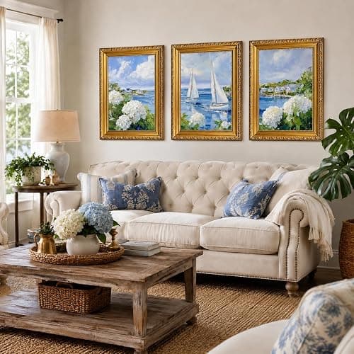 3 Piece Coastal Sailboat Wall Art, Vintage Gold Framed Decor, 12x16 inch | Coastal sailboat and hydrangea wall art set in vintage gold frames for living room, bedroom, bathroom, and office wall art thumbnail 2