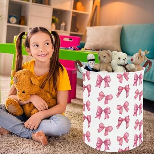 FXOCSHE Bow laundry basket for girls,Nursery Hamper,Pink Laundry Hamper,Waterproof collapsible canvas laundry basket for girls,Pink Girls Laundry Basket,Living Room Decor(Bowknot) thumbnail 2