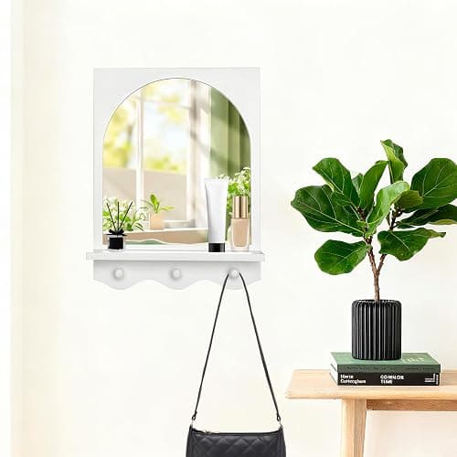 SANY DAYO HOME White 16"x12" Wood Framed Arched Mirror with Shelf and 3 Hooks, Wall Mounted Decorative Real Glass Hanging Mirror for Entryway, Bathroom, Bedroom, Laundry Room thumbnail 4