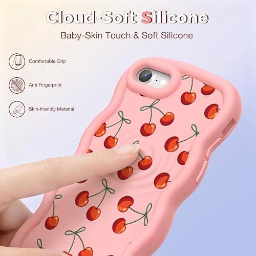 CASBST Compatible with iPhone SE/8/7 Case for Women Girls, Curly Wavy Frame with Cute Pattern, Aesthetic Slim Soft Silicone TPU Bumper Shockproof Phone Case for iPhone SE/8/7 - Bow Cherry thumbnail 2