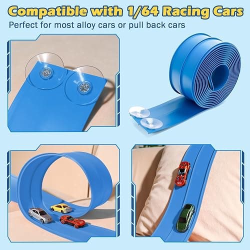 INKZOO Flex Tracks 15 Ft Starter Set Flexible Race Track for Kids 3+, Flexible Car Track Race Car Ramp Track Compatible with Diecast 1/64th Cars, Portable Rolls Up Race Tracks with Strong Suction Cups thumbnail 3