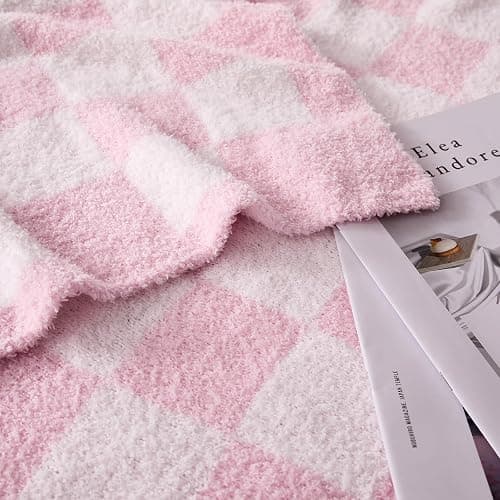 Cozzenity Checkered Throw Blanket, Pink Soft Cozy Fluffy Knitted Throw Blankets for Couch, Sofa, Bed, Chair, Warm Fuzzy Travel Picnic Lightweight Plaid Blanket, 50x70 inches thumbnail 4