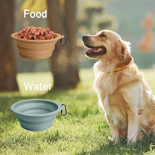PetBonus 2-Pack Silicone Collapsible Dog Bowls, BPA Free Dishwasher Safe, Portable Foldable Expandable Travel Bowl, Food Water Feeding Cup Dish for Dogs Cats with 2 Carabiners (Turquoise, Tan) thumbnail 4