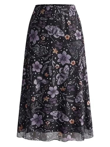 Milumia Women's Floral Mesh Midi Skirt Elastic High Waisted A Line Long Flowy Skirts - Image 1