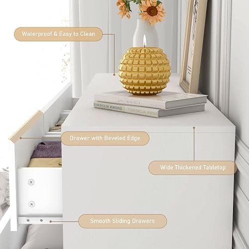 White Malm Dresser for Bedroom, 55 Inch Long Dresser High Gloss Dresser with 7 Drawers, Modern Large Wood Chest of Drawer Handle Free, Dresser for Kids Bedroom, Living Room, Entryway, Hallway, White - White thumbnail 5