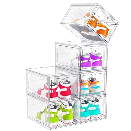 ARSTPEOE 6 Pack Upgrade Harder Shoe Organizer, Shoe Storage with Magnetic Front Door, Clear Shoe Boxes Foldable Space-Saving Shoe Rack for Sneaker Boot Container, White - Image 1