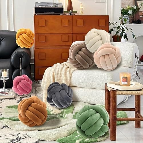 Ivory Knot Pillow Ball, Handmade Decorative Throw Pillow, Soft Round Knotted Cushion for Couch & Bedroom, Cute Home Decor, Braided Pillow for Living Room (7.87 Inches) thumbnail 5