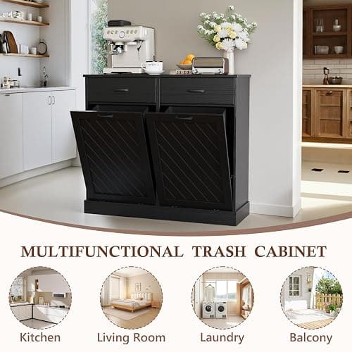 Double Tilt-Out Trash Can Cabinet, 2x15 Gallons Hidden Garbage, Hidden Kitchen Trash Cabinet with Storage Drawer, Pet-Proof Wooden Garbage & Recycling Cabinet for Kitchen, Laundry & Living Room, Black thumbnail 7