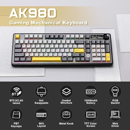 MIKIBY AJAZZ AK980 Wireless Keyboard with Smart Display & Knob,98% Mechanical Keyboard Tri-Mode BT/2.4G/USB-C, Hot Swappable, PBT Keycaps, with RGB Light for Win & Mac(Black,Murad Switch) thumbnail 2
