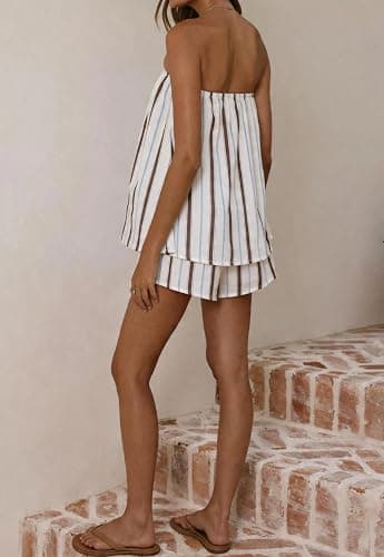 JEIBKOUY Women 2 Piece Matching Sets Striped Tube Top Shorts Sets Summer Vacation Outfits Y2K Going Out Tops thumbnail 5