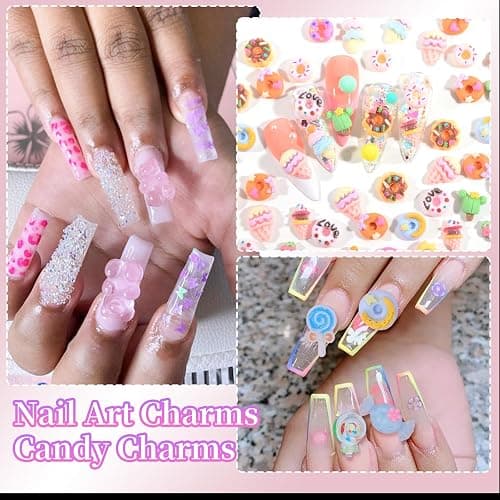 3D Mix Nail Charms Kit, Lollipop Nail Art Charms, Color Cute Gummy Bear Donut Star Heart Acrylic Nail Charm, Alloy Cross Star Butterfly Snake Crown Nail Gems Rhinestones Charms DIY Crafts Decor thumbnail 6