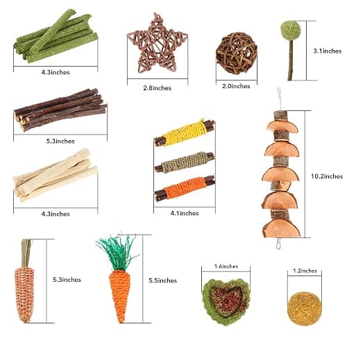 Petawi 45PCS Rabbit Guinea Pig Hamster Toys, Chinchilla Bunny Chew Toys for Teeth Apple Wood Timothy Hay Bamboo Sticks, Carrot Treats Balls for Rabbit Bunny Chinchilla Guinea Pig Hamster Rat thumbnail 3