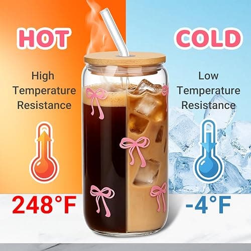 GLECTG 2 Pcs Cute Pink Bow Glass Cups with Lids & Straws, Aesthetic Iced Coffee Cup, Girly Preppy Design Tumbler Mug, Birthday Valentine Gifts for Women, Teen Girl Gifts Trendy Stuff 16OZ thumbnail 7