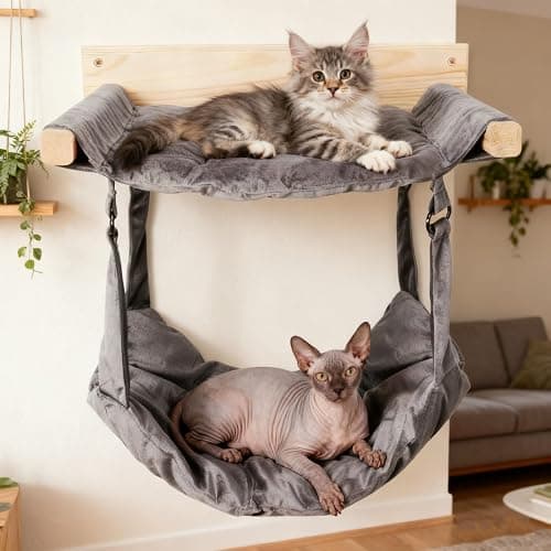 JSPYFITS Wooden Cat Wall Hammock, 18.9 x 12.6 Inch Double Layer Cat Furniture Hammock, Large Removable Multi-Function Cats Bed for Sleep/Play/Climb/Lounge Easy DIY Installation(Grey) thumbnail 8