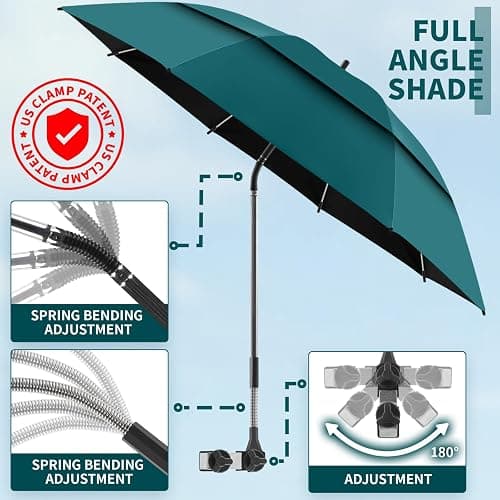NBtoUS 2 Pack 48.6" Double Canopy Beach Umbrella with Clamp, UPF50+ Beach Chair Umbrella with clip, 360°Adjustable Portable Outdoor Wheelchair, Patio, Golf Carts,Camping(Blackish Green, Not Include Chair) thumbnail 4