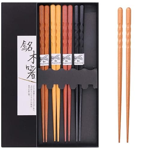 GLAMFIELDS Reusable Chopsticks Japanese Natural Wooden 5 Pairs Classic Style Lightweight Hand-Carved Safe Chop Sticks 8.8 Inch/22.5cm Gift Set thumbnail 7