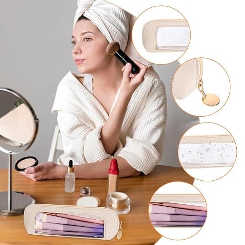 Psyqtsuary Small Clear Makeup Bag, PU Leather Travel Makeup Brush Case Portable Transparent Waterproof Cosmetic Organizer Pouch with Zipper for Women Home Travel Office Cosmetic Storage (Beige) thumbnail 6