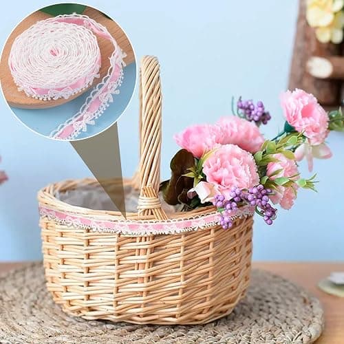 SmallCat 2 Yards Pink Lace Ribbon, Bow Lace for Crafts, Vintage Pink Laces, Stretch Laces Trim for Wrapping, Bouquet Packaging, DIY Crafts, Wedding Decorations, Party Decoration thumbnail 6