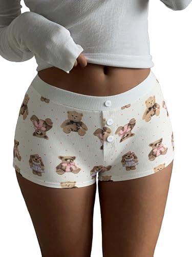 ZAFUL Women Y2K Lounge Shorts Bear Print Skinny Pajama Bottoms Elastic Button Front Sleep Shorts - Image 1