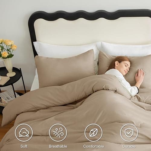 CozyLux Comforter Full Size Set Taupe, 3 Pieces Solid Lightweight Soft Bed Set for All Season, Luxury Breathable Quilted Style Microfiber Down Alternative Bedding Sets (1 Comforter & 2 Pillowcases) thumbnail 5