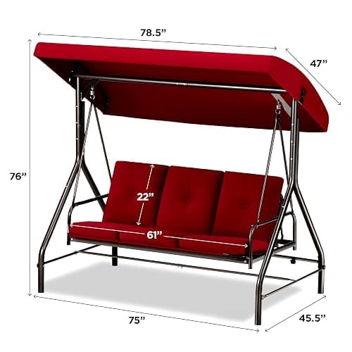 Porch Swing - 3-Seat Patio Outdoor Swing with Canopy for Adultes, Convertible Glider Bed, Thick Removable Cushions & Pillows for Backyard, Porch, Garden - Burgundy thumbnail 2