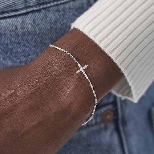 Moodear Christmas Gifts Sotcking Stuffers, Dainty 925 Sterling Silver/14k Gold Plated CZ Cross Bracelet Layered Snake Pearl Chain Knot Bracelets for Women Trendy Religious Christian Jewelry thumbnail 4