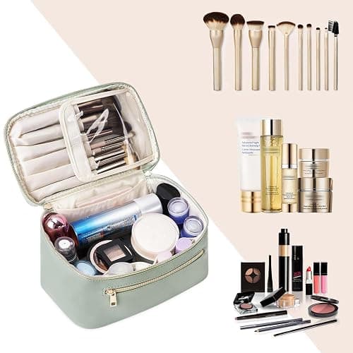 Travel Makeup Bag with Brush Compartment, Large Cosmetic Bags, PU Leather Makeup Case with Handle, Water-Resistant for Women, Green (Patent Pending) thumbnail 6