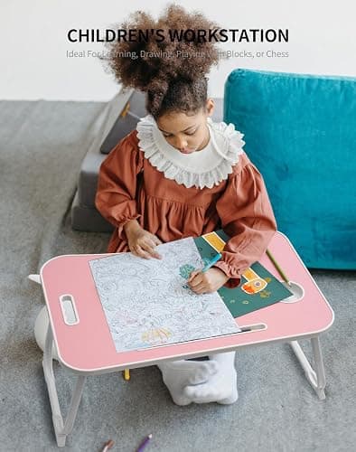 ZEAPTAC Laptop Bed Desk, Foldable Lap Desk, Portable Lap Table, Laptop Stand with Cup Holder & Tablet Slot & Lifting Handle for Working Writing Drawing & Eating - Pink thumbnail 4