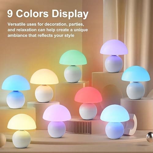 KARTOOSH Cordless Cute Mushroom Lamp with Remote Control, Cordless Lamps for Tables, 9 RGB, 3 Color Temperature, Stepless Dimmable, Timer, Memory, Unique Aesthetic Home Decor for Living Room (White) thumbnail 4