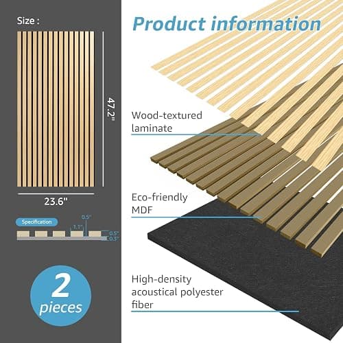 Art3d 2-Pack Fluted Acoustic Wood Slat Wall Panel, 47.2 x 23.6 Inch, Oak | Noise Control, Easy to DIY, Natural Texture, Sustainable Material, Ideal for Homeowners, Designers, for Living Room, Office thumbnail 5
