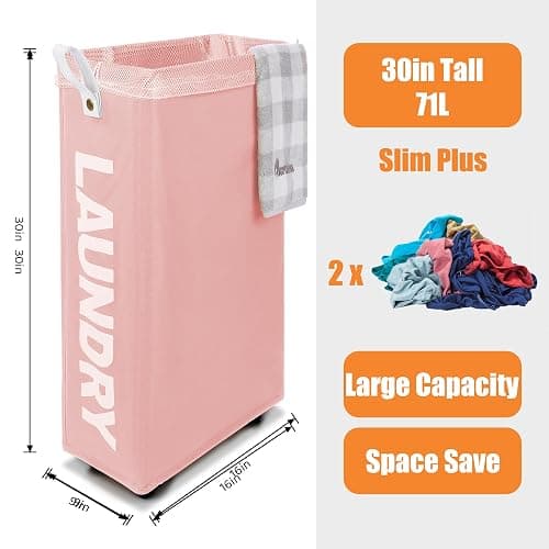 Caroeas 30" Rolling Laundry Basket Slim with Handle on Wheels, Foldable Laundry Hamper, Collapsible Laundry Bag and Organizer, Tall Thin Storage Basket Bin (Pink) - 30" Slim+ - Pink/Leather Handle thumbnail 2