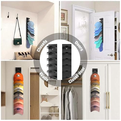 Hat Organizer for Baseball Caps 2Pack, Hat Rack for Wall with Strong Adhesive Hold up to 20 Hats, Hat Hanger Holder Display for Door Closet, Cap Organizer Storage Multilayer Two Mounting Option(Black) thumbnail 6