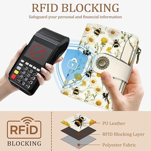 Icycay Floral Bee Small Wallet Women RFID Blocking Bifold, Credit Card Holder, Zipper Coin Pocket, PU Leather, Cute, Compact, Travel, 4 ID Window, 14 Card Slots, Cash Purse, Ladies Woman Female Girls thumbnail 3