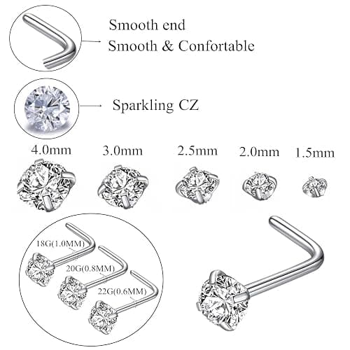 BLESSMYLOVE 316L Surgical Steel 22g/20g/18g Nose Rings Studs L-Shape Nose Nostrial Piercing Body Jewerly L Shaped Nose Studs 1.5mm 2mm 2.5mm 3mm CZ Nose Screw Studs Rings for Women thumbnail 5