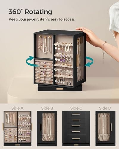 SONGMICS GISELLA Collection - Jewelry Box Organizer 360° Rotating, Large Vertical Jewelry Storage Case with 5 Drawers, Shiny Metal Hardware, Glass Window, Gift Idea, Ink Black UJBC170B01 thumbnail 4