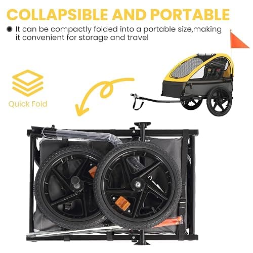 Sepnine Kids Bike Trailer, Suitable for 1 to 2 Kids, 12+ Months, Quick Attach to Bike, Foldable, with 5-Point Harness and Storage Bags - BT609-Yellow - Double Seat thumbnail 4