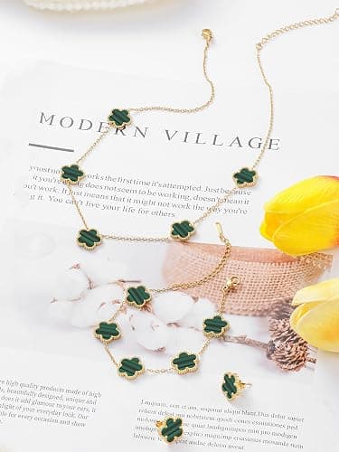 Qinpan Five Leaf Clover Necklace Bracelet and Stud Set for Women Lucky Flower Gold Plated Jewelry thumbnail 6