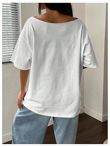 RoseSeek Women's Oversized Off Shoulder Graphic Tees Short Sleeve Bow Letter Print T Shirts Y2K Tops thumbnail 2