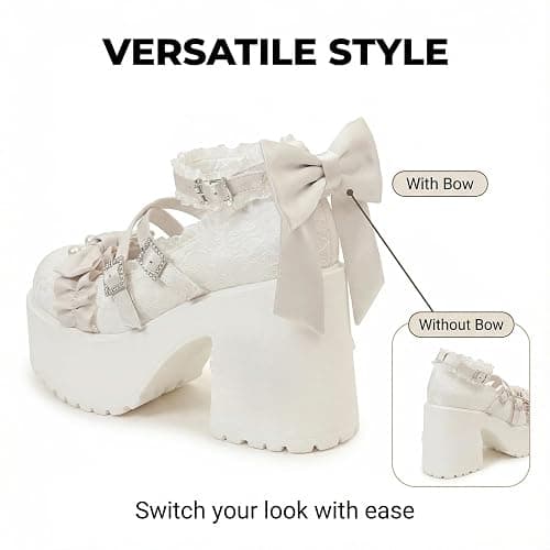 Kawaii Mary Jane Heels for Women Cute Lolita Shoes Chunky Platform Round Toe Bow Cross Strap Lace Buckle Comfy Party Cosplay Shoes thumbnail 4