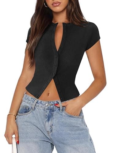 Pungdra Women's Button Down Shirt Cap Sleeve Tops for Women Button Up Ribbed Knit Slim Fit Casual Y2K Crop Going Out Top thumbnail 2